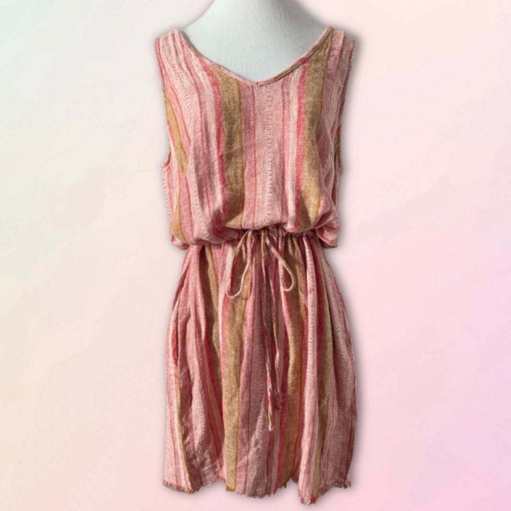 DREW for Anthropologie, Red Nat Dobby, Striped, Drawstring Linen Dress